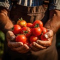 A close-up shot of a farmer\'s hands holding freshly picked tomatoes Royalty Free Stock Photo