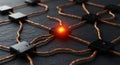 Copper wires link glowing nodes across a dark substrate Royalty Free Stock Photo