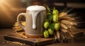 Frothy Beer Mug with Hops and Wheat Stalks Royalty Free Stock Photo