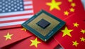Semiconductor Chip and Flags of the United States and China Royalty Free Stock Photo