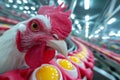 A close-up shot features a hen in a modern chicken farm, with eggs surrounding it Royalty Free Stock Photo