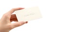 Hand holding blank white card isolated on white background Royalty Free Stock Photo