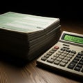 Stack of Tax Forms and Calculator on Wooden Desk Royalty Free Stock Photo