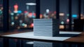 Stack of Papers on a Desk with City Lights in the Background Royalty Free Stock Photo