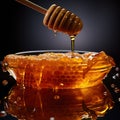 Close-up shot featuring a jar of honey, accompanied by cups and dippers