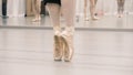 Close-up shot of a the feet of a ballet dancer doing a releve on pointeshoes
