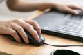 Close-up shot of female hand holding mouse and working with desktop computer Royalty Free Stock Photo