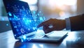A close-up shot of a finger interacting with a digital interface on a laptop screen, displaying glowing network nodes and data Royalty Free Stock Photo