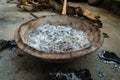 A close up shot of fire pot with ashes of wood during winter season. Uttarakhand India