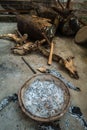 A close up shot of fire pot with ashes of wood during winter season. Uttarakhand India Royalty Free Stock Photo