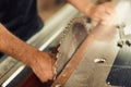 Toothed blade of circular saw in focus