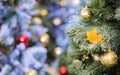 Close-up shot focus on yellow leaves from a decorated Christmas tree. Retro filter effect. Christmas tree and Christmas Royalty Free Stock Photo