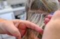 Close up shot of foil hair tinting with comb and hands