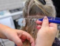 Close up shot of foil hair tinting with comb and hands