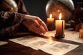 Close up shot of fortune teller with tarot cards session with candles. Royalty Free Stock Photo