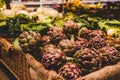 close-up shot of fresh artichokes selling on farmers market, Royalty Free Stock Photo