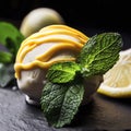 Close-up shot of a fresh creamy and citrus lemon ice cream decorated with mint and served on a stone slate over a black background Royalty Free Stock Photo