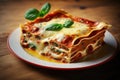 Close up shot of fresh italian lasagna on white plate isolated