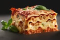 Close up shot of fresh italian lasagna on white plate isolated