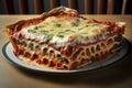 Close up shot of fresh italian lasagna on white plate isolated