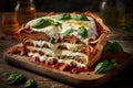 Close up shot of fresh italian lasagna on white plate isolated