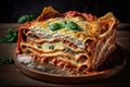 Close up shot of fresh italian lasagna on white plate isolated