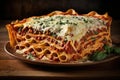 Close up shot of fresh italian lasagna on white plate isolated