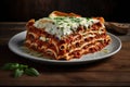 Close up shot of fresh italian lasagna on white plate isolated