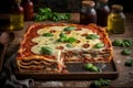 Close up shot of fresh italian lasagna on white plate isolated