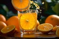 A close-up shot of fresh oranges being squeezed into a glass, capturing the vibrant colors and natural goodness of orange juice. Royalty Free Stock Photo