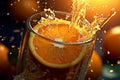 A close-up shot of fresh oranges being squeezed into a glass, capturing the vibrant colors and natural goodness of orange juice.