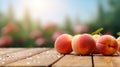 Close up shot fresh peach with water drops on wooden table at organic farm background. Generative AI Royalty Free Stock Photo