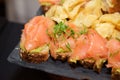 Smoked Salmon with Guacamole on Brown Bread. Royalty Free Stock Photo