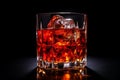 Close-up shot of a freshly poured Sazerac cocktail. Dark background.