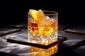 Close-up shot of a freshly poured Sazerac cocktail on table. Dark background.