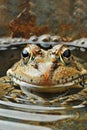 Close Up Shot of a Frog Peeking Out of Water Surface with Reflection and Bubbles Royalty Free Stock Photo