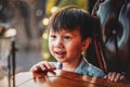 Close up shot Funny cute smiling child boy in the vintage style house Royalty Free Stock Photo