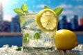 A close-up shot of a glass filled with ice cubes and freshly squeezed lemonade, garnished with a lemon slice and mint leaves, Royalty Free Stock Photo