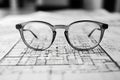 Close-Up Shot of Glasses on a Plan Sheet Featuring Business and Architectural Statistics Royalty Free Stock Photo