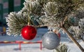 Close up shot of a glittering white and blurred shiny red Christmas balls hanging off a Christmas fir tree outside, all partially Royalty Free Stock Photo