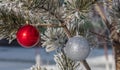 Close up shot of a glittering white and blurred shiny red Christmas balls hanging off a Christmas fir tree outside, all partially Royalty Free Stock Photo