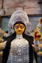 Close up shot of Goddess Devi Durga, before upcoming Durga Puja at a potter`s studio in Kolkata