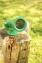 Close up shot of a green plastic telescope on a wood stick