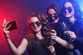 Close-up shot of group of laughing girls having party, take self Royalty Free Stock Photo