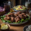 Close-Up Shot of Haitian Griot with Fried Plantains and Salad