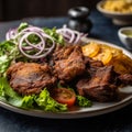 Close-Up Shot of Haitian Griot with Fried Plantains and Salad