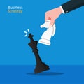 Close up shot hand of business man moving white knight chess to defeat black king chess concept. Business strategy vector Royalty Free Stock Photo