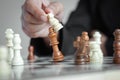 Close up shot hand of business woman playing the chess board to win by killing the king of opponent metaphor business competition