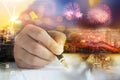 Close up shot hand of business woman using the pen to write on the white paper select focus shallow depth of field Royalty Free Stock Photo