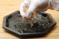 Close-up shot of a hand in gloves stacking leaves of gelatine & x28;isinglass& x29; on a black plate. Royalty Free Stock Photo